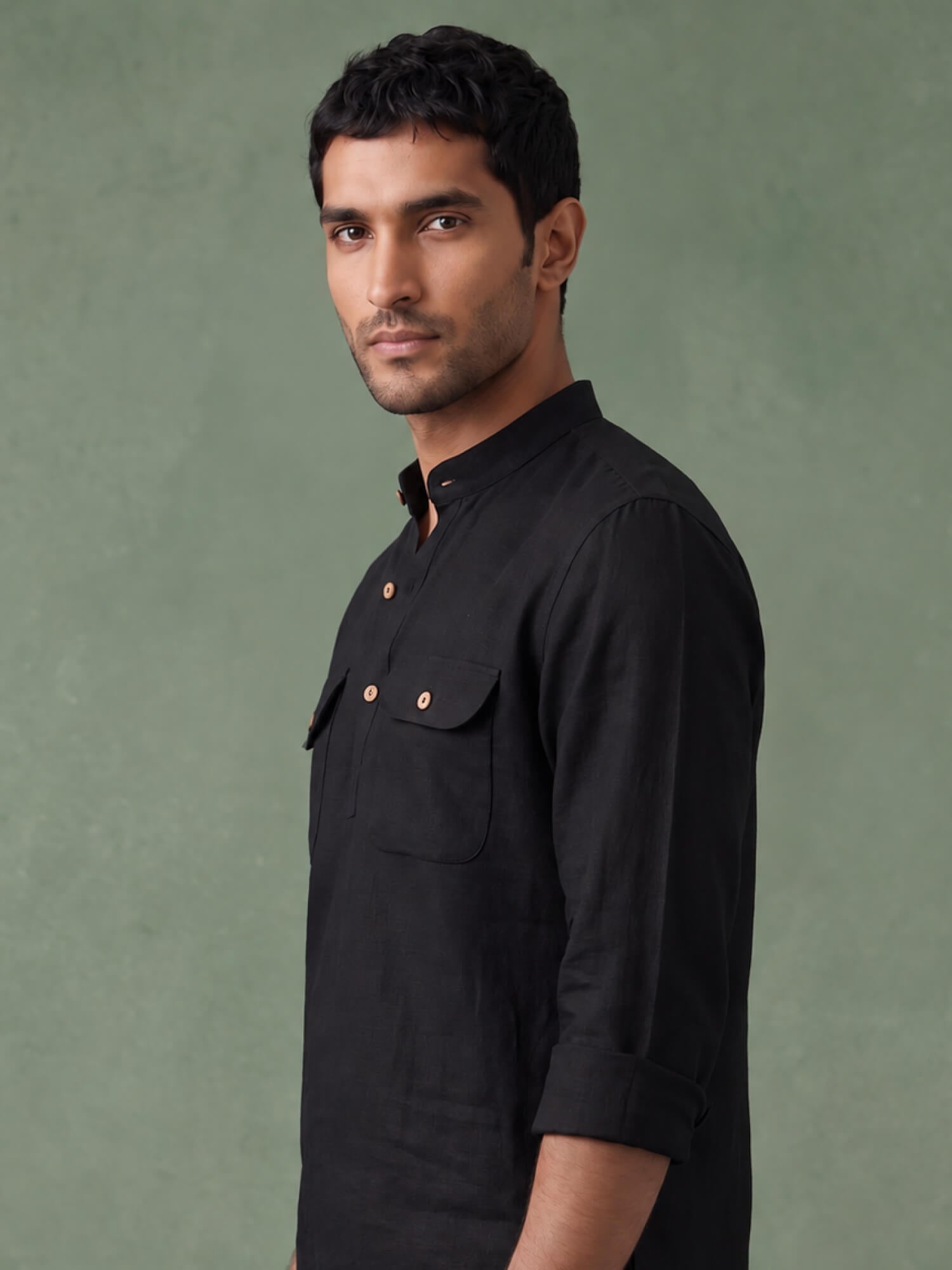 Black 100% Pure Linen Mid-Length Kurta