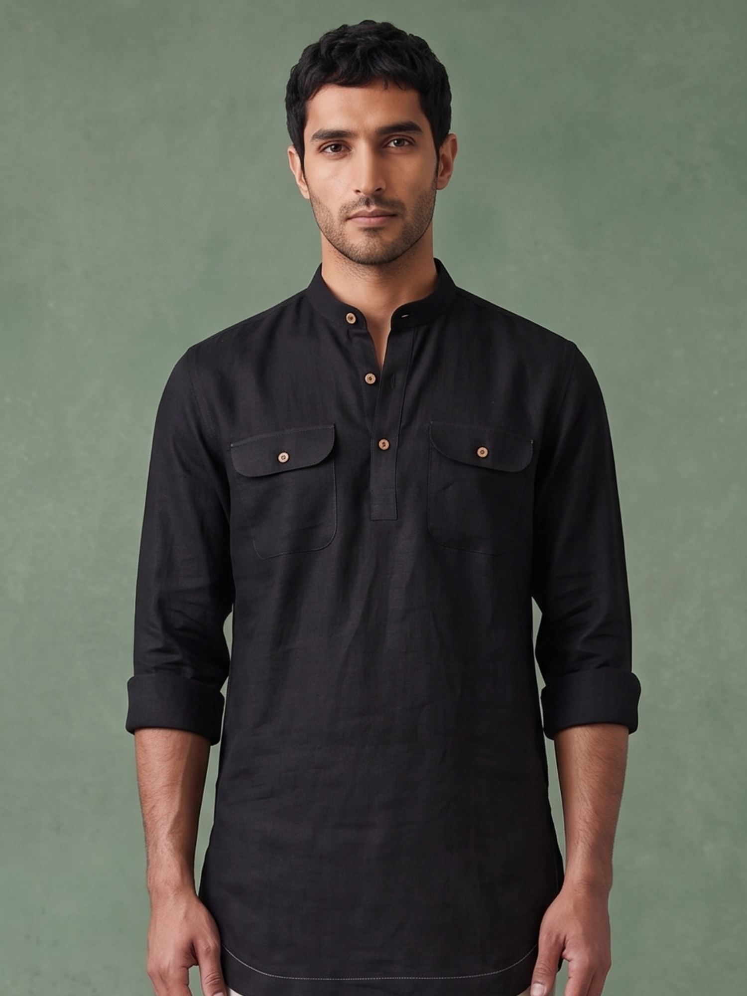 Black 100% Pure Linen Mid-Length Kurta