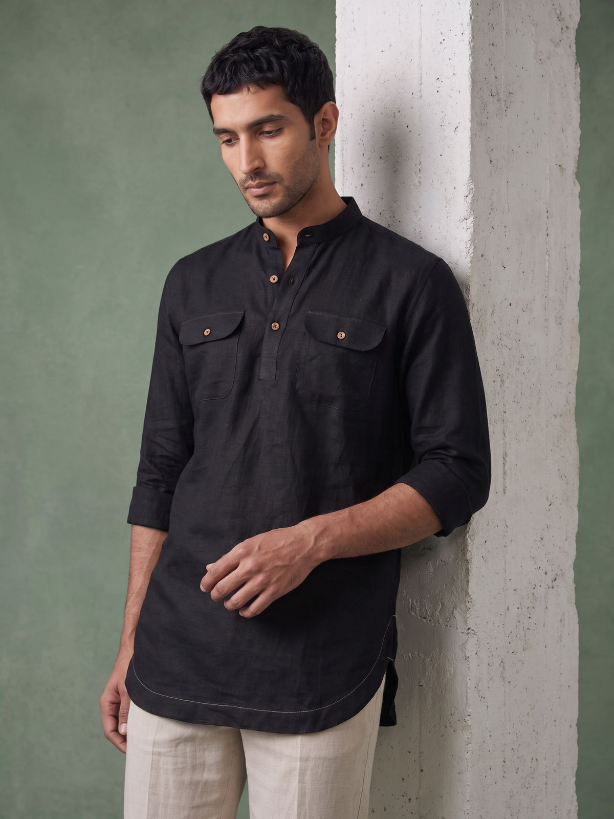 Black 100% Pure Linen Mid-Length Kurta