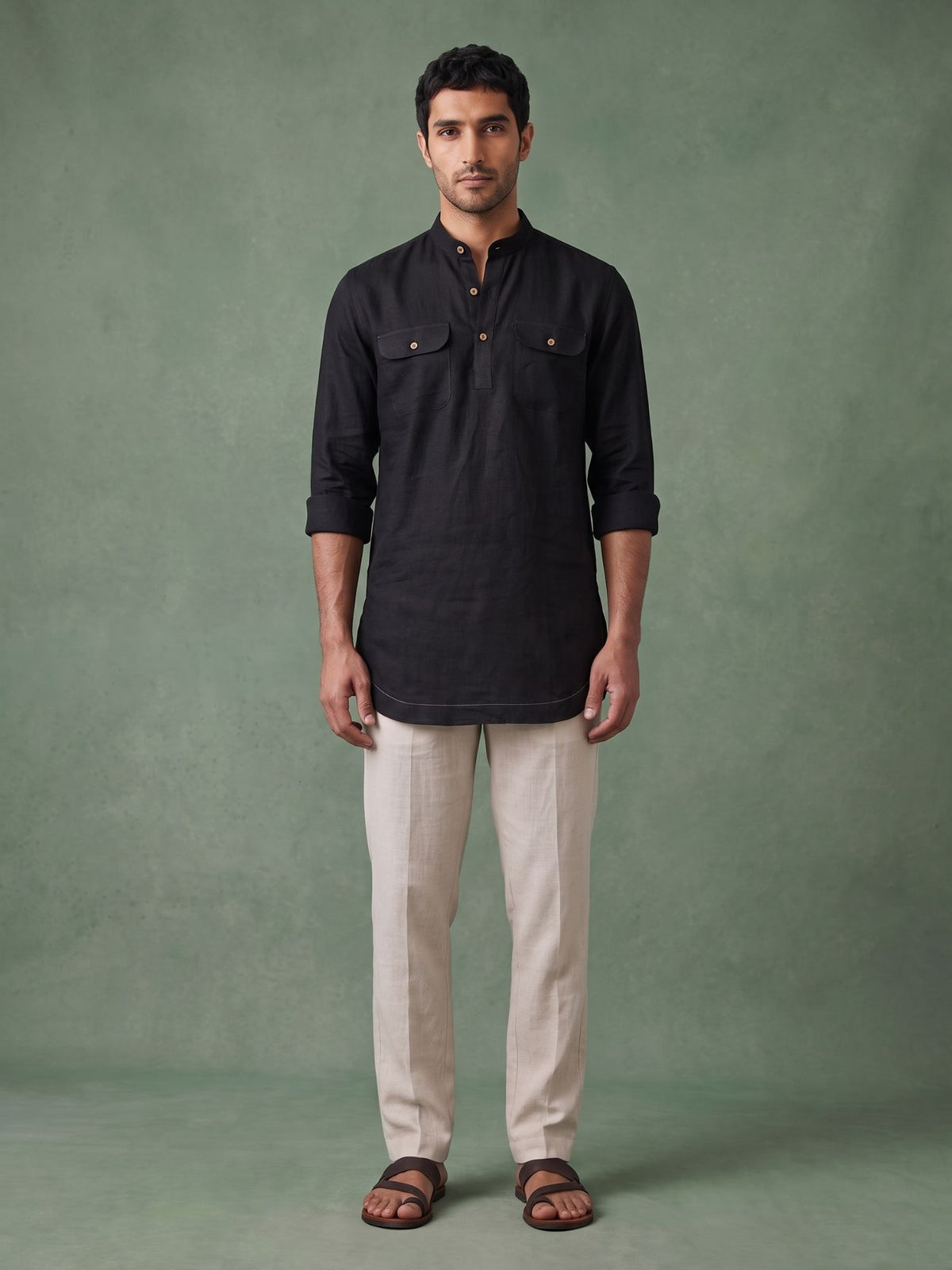 Black 100% Pure Linen Mid-Length Kurta