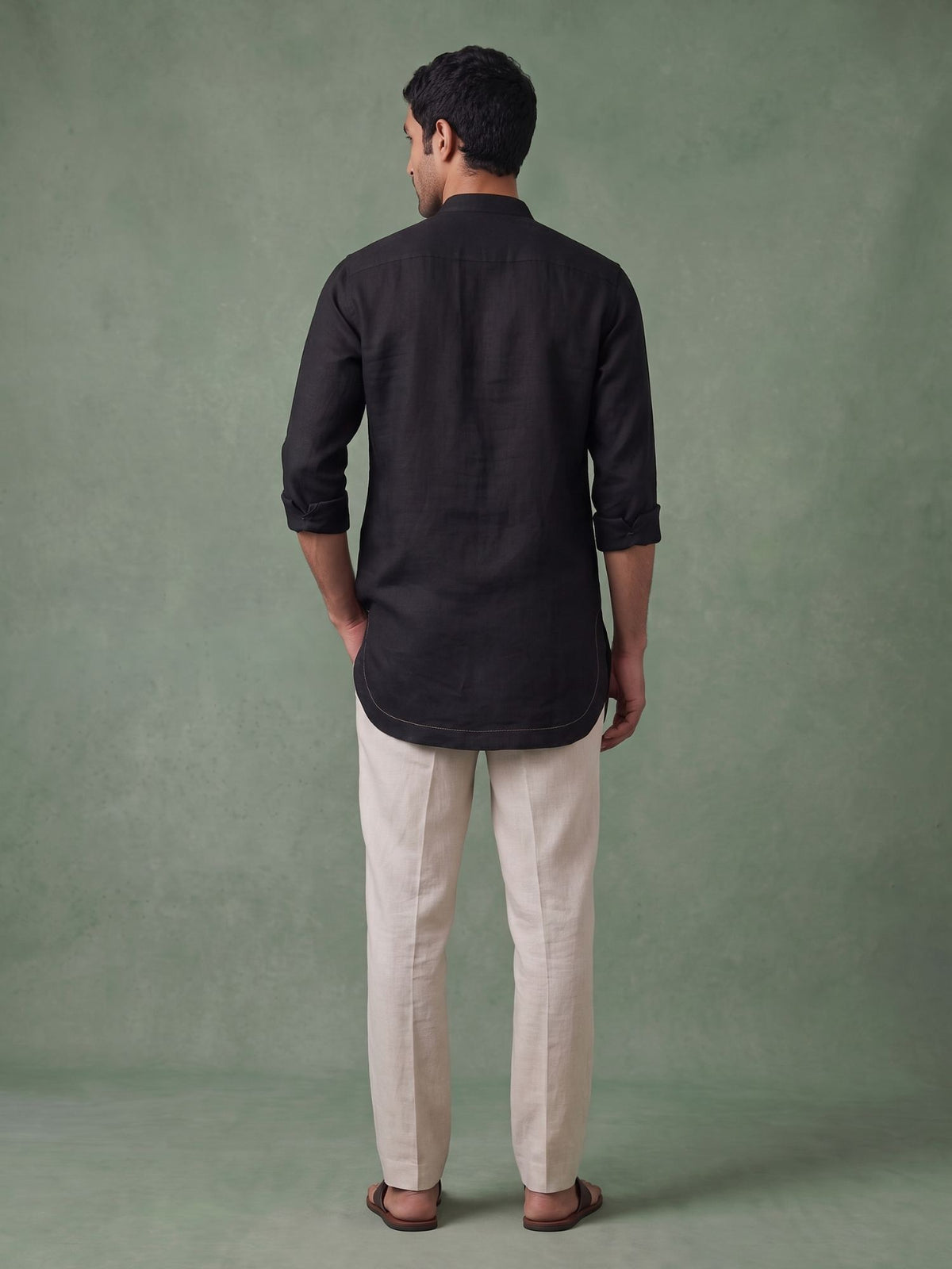 Black 100% Pure Linen Mid-Length Kurta