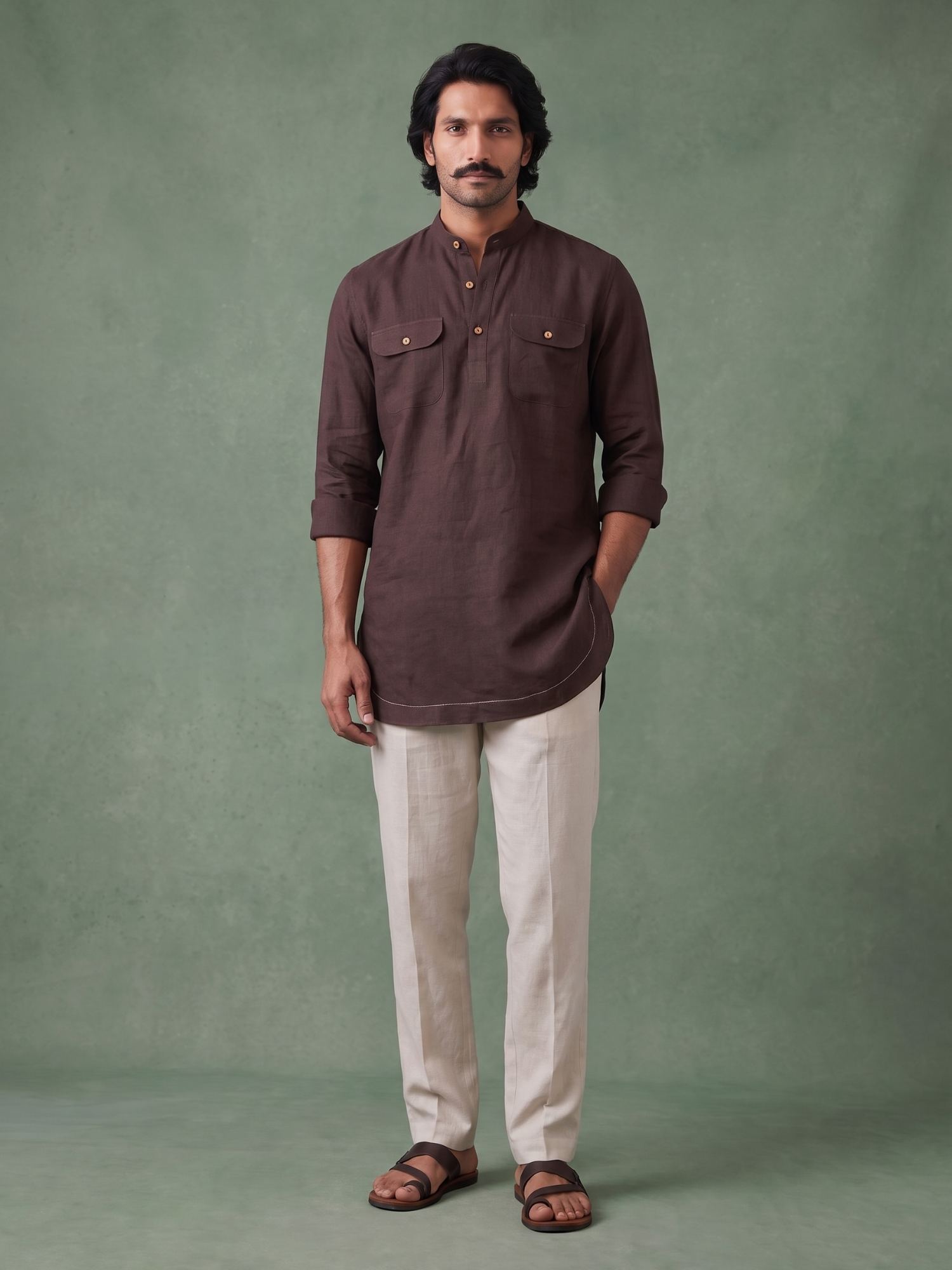 Walnut Brown 100% Pure Linen Mid-Length Kurta