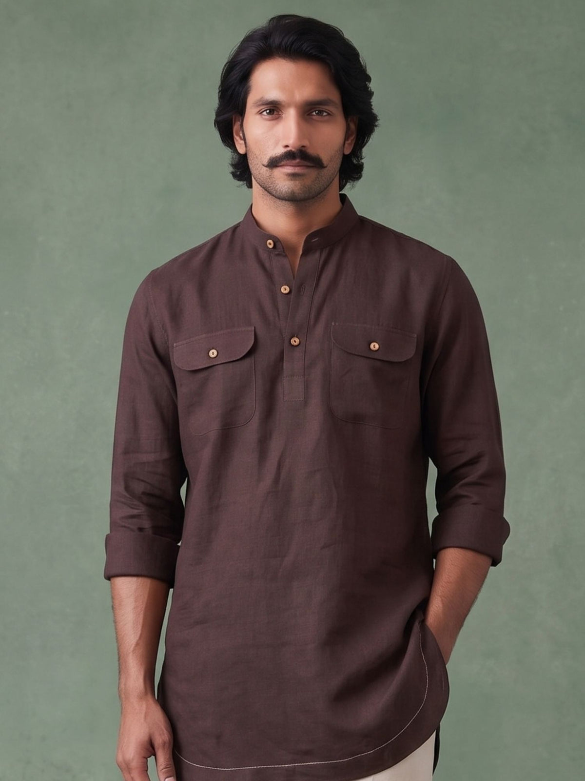 Walnut Brown 100% Pure Linen Mid-Length Kurta