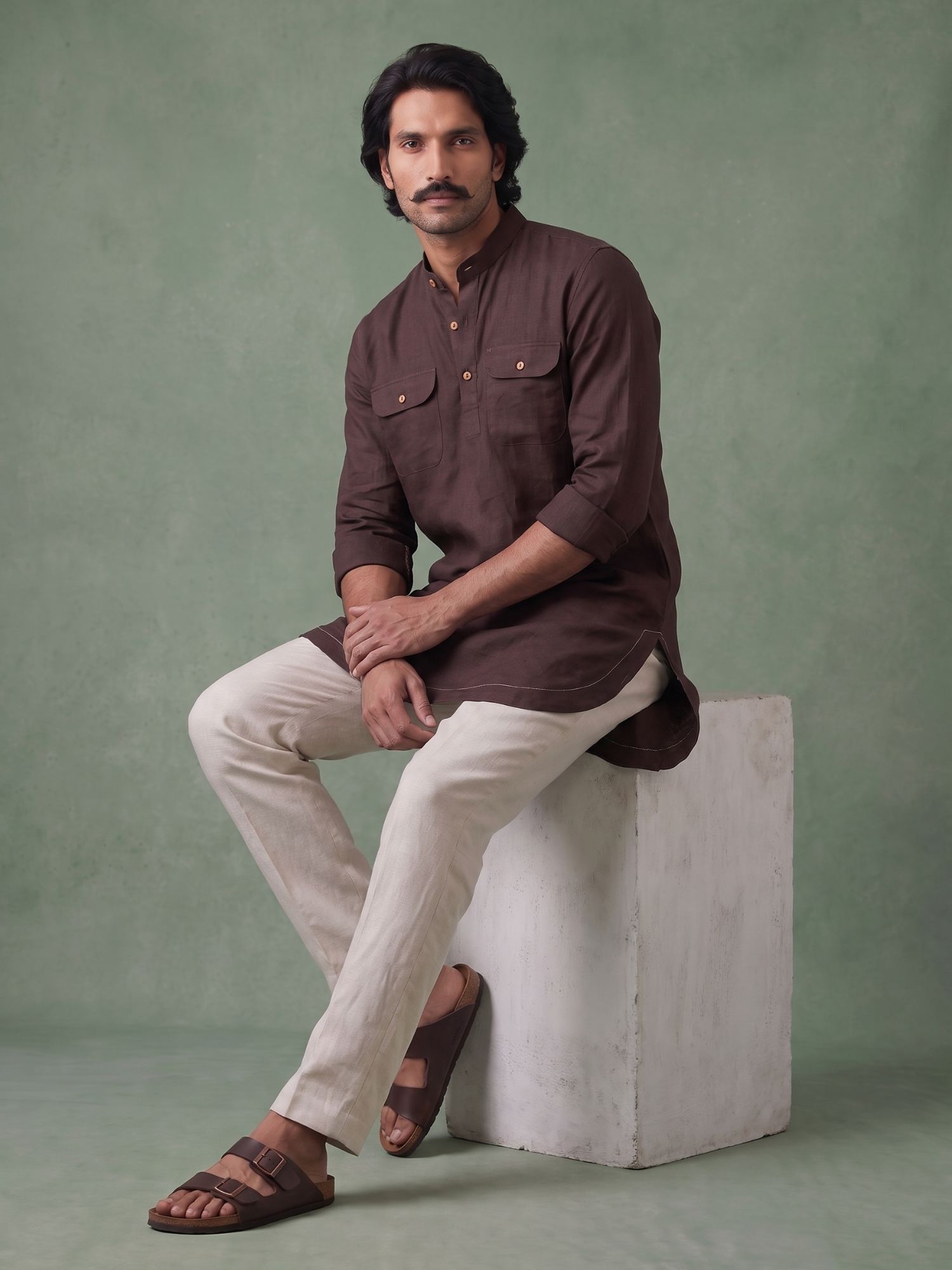 Walnut Brown 100% Pure Linen Mid-Length Kurta