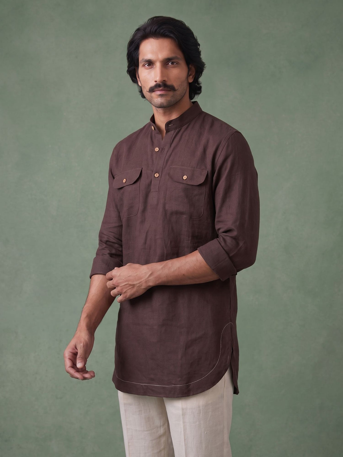 Walnut Brown 100% Pure Linen Mid-Length Kurta