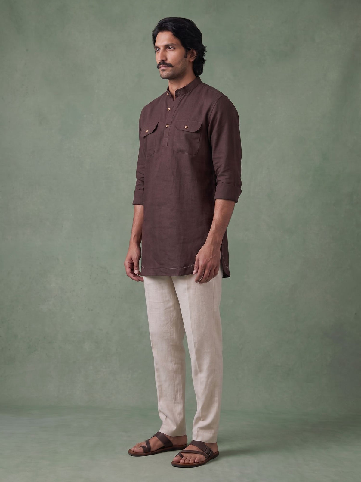 Walnut Brown 100% Pure Linen Mid-Length Kurta