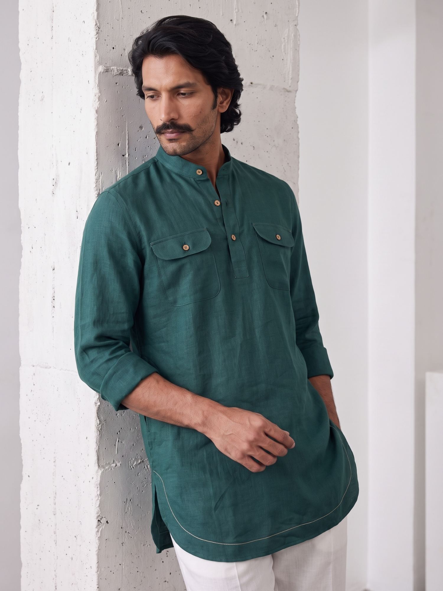 Forest Teal 100% Pure Linen Mid-Length Kurta
