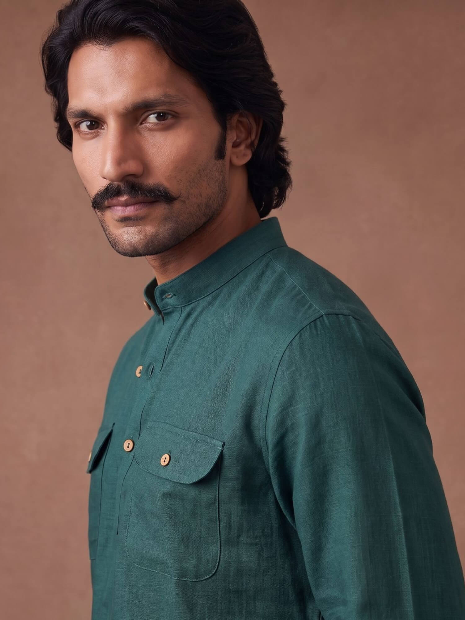 Forest Teal 100% Pure Linen Mid-Length Kurta
