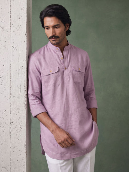 Lavender 100% Pure Linen Mid-Length Kurta
