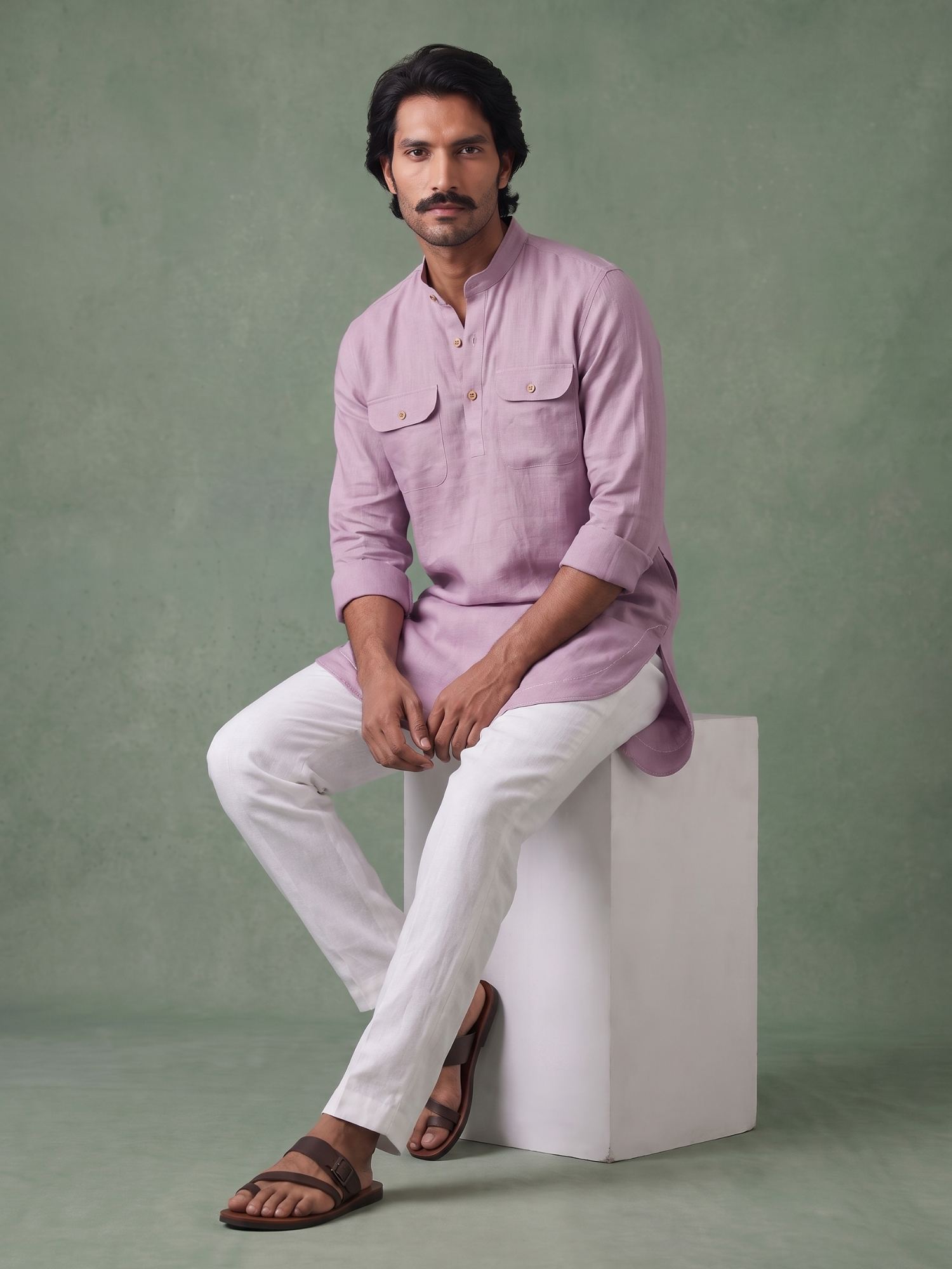 Lavender 100% Pure Linen Mid-Length Kurta