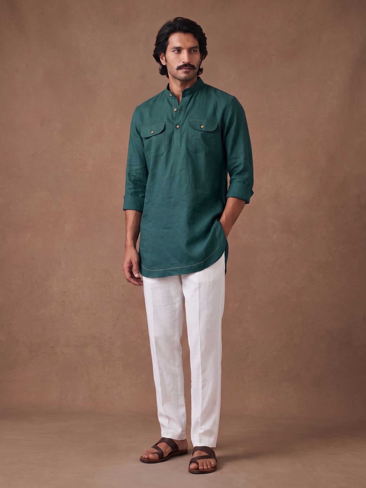 Forest Teal 100% Pure Linen Mid-Length Kurta