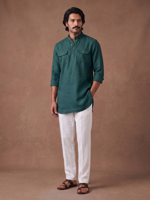 Forest Teal 100% Pure Linen Mid-Length Kurta