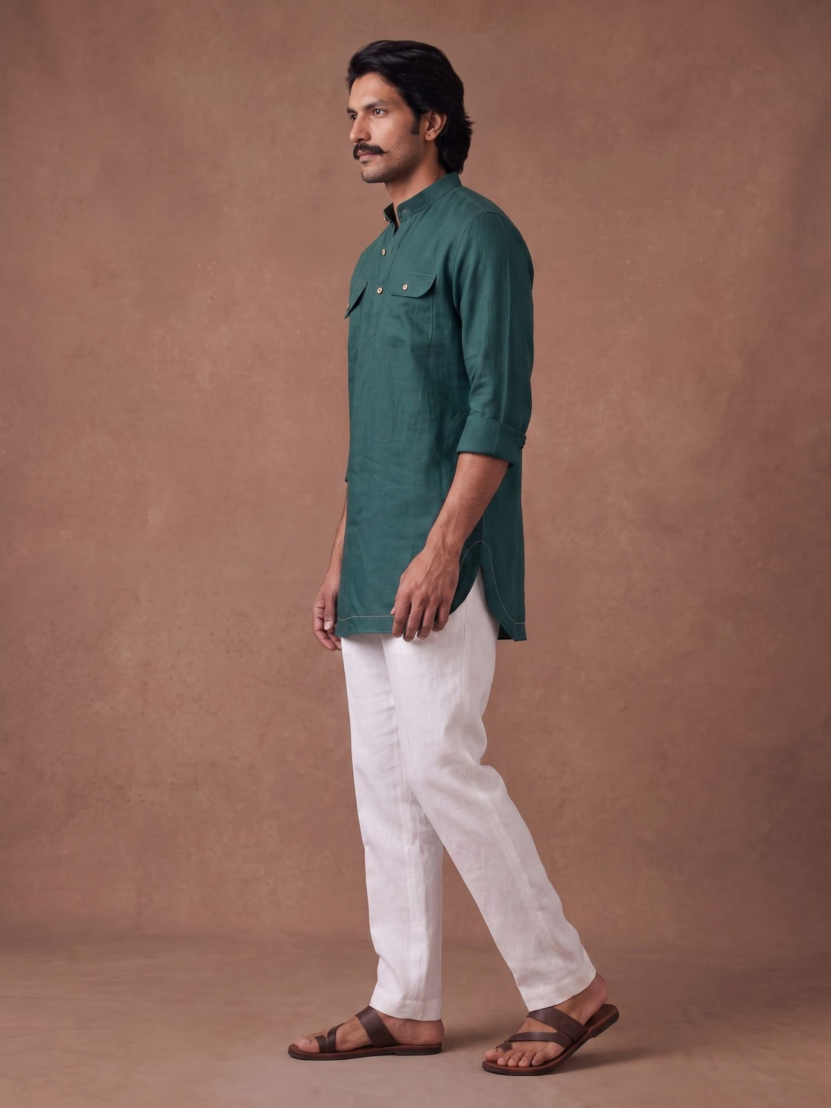 Forest Teal 100% Pure Linen Mid-Length Kurta