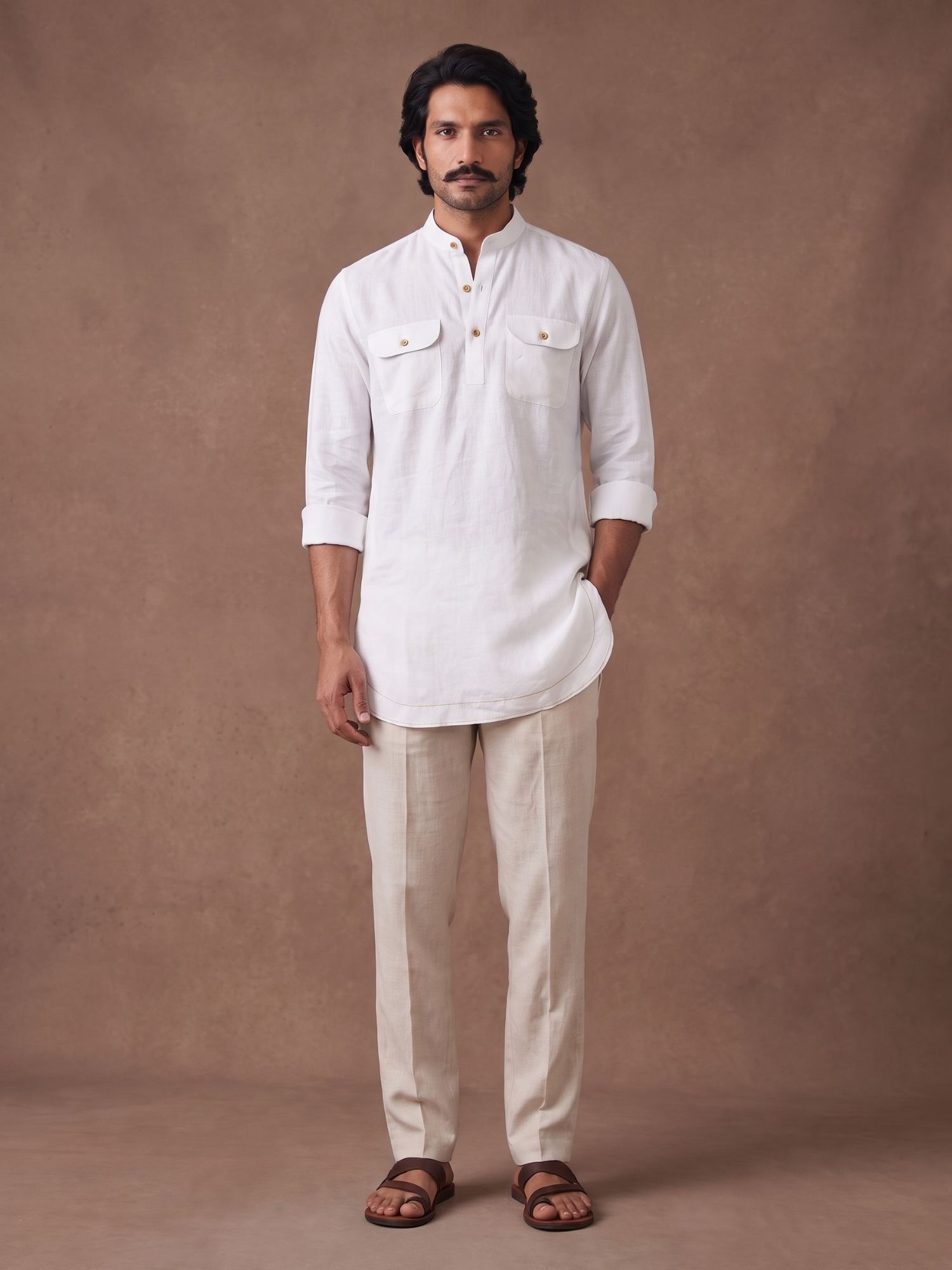 White 100% Pure Linen Mid-Length Kurta