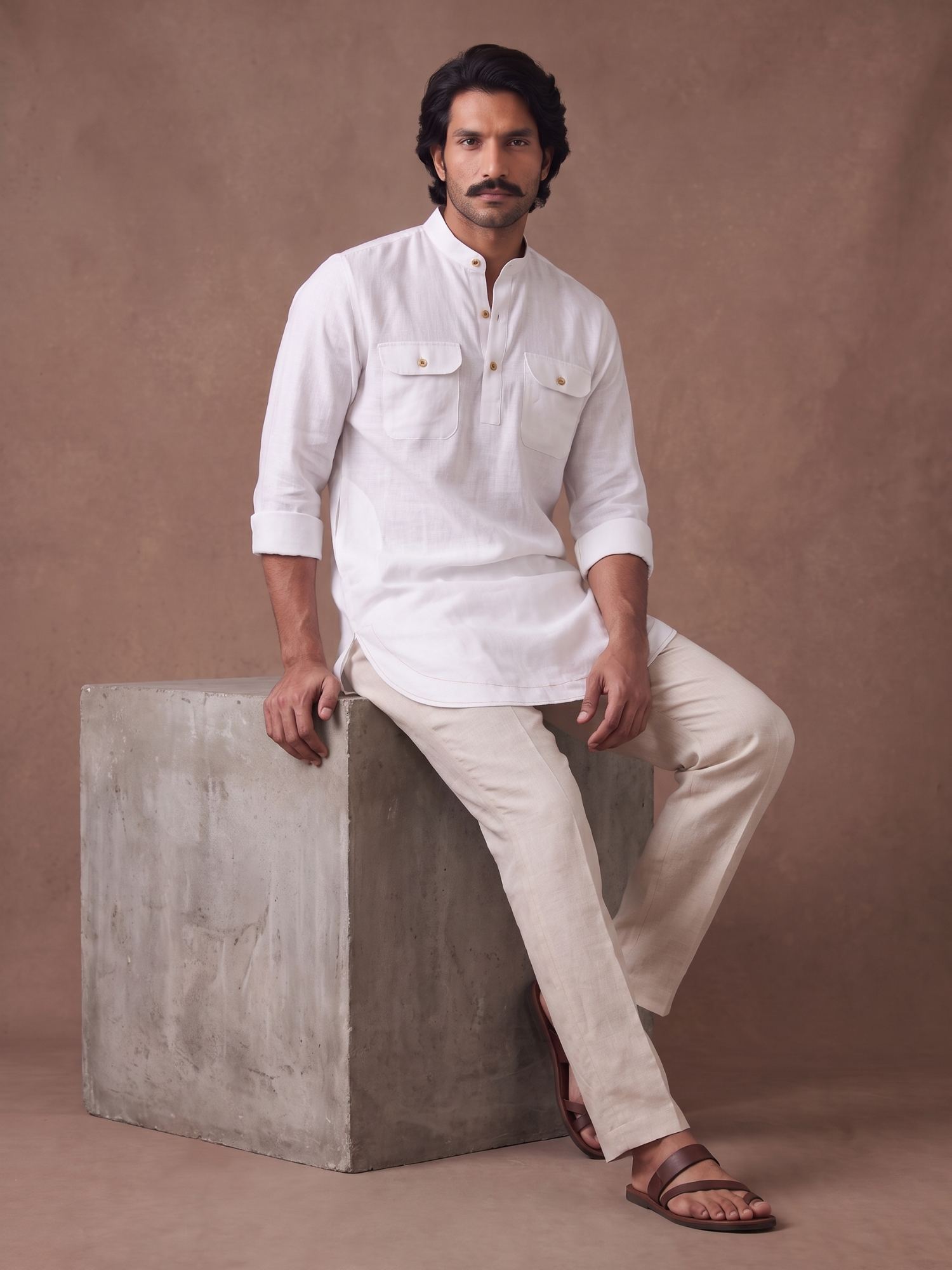 White 100% Pure Linen Mid-Length Kurta