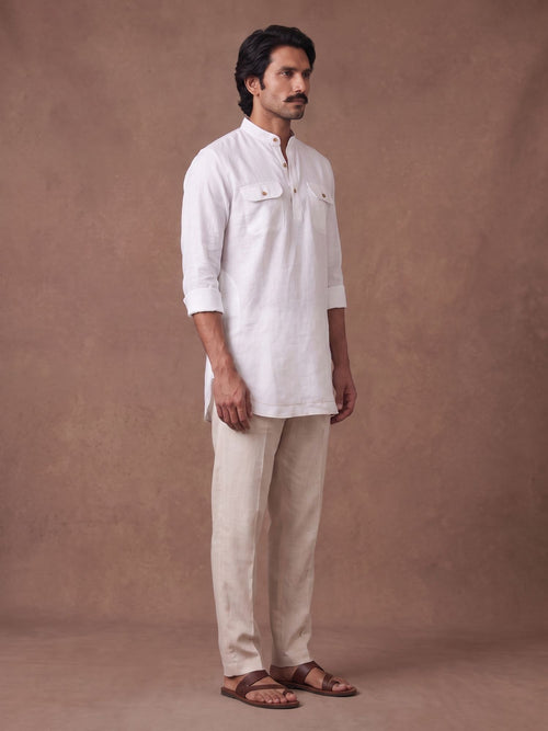White 100% Pure Linen Mid-Length Kurta