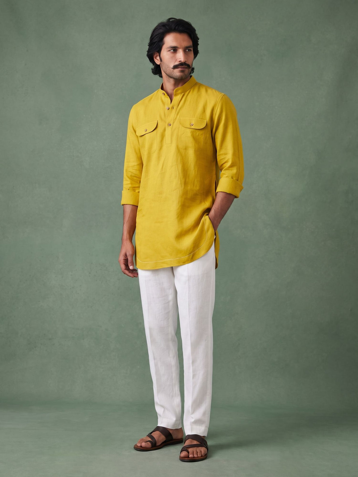 Saffron Yellow 100% Pure Linen Mid-Length Kurta