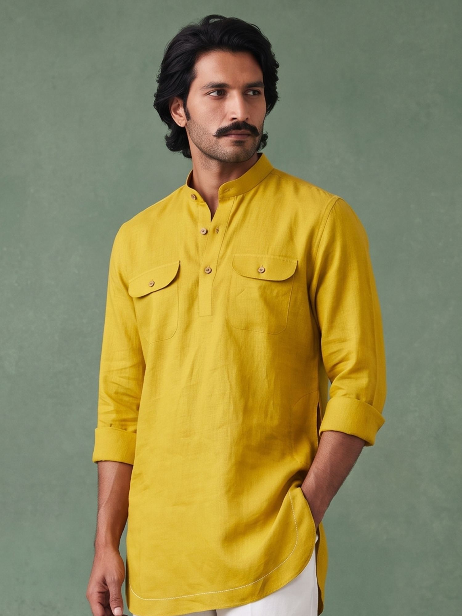 Saffron Yellow 100% Pure Linen Mid-Length Kurta