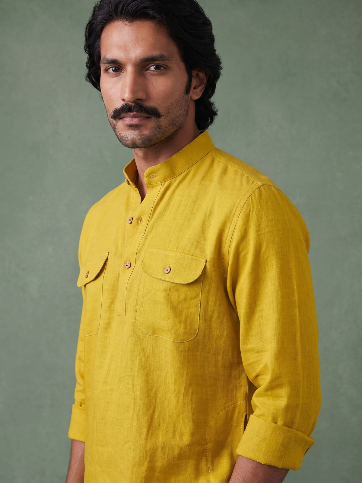 Saffron Yellow 100% Pure Linen Mid-Length Kurta