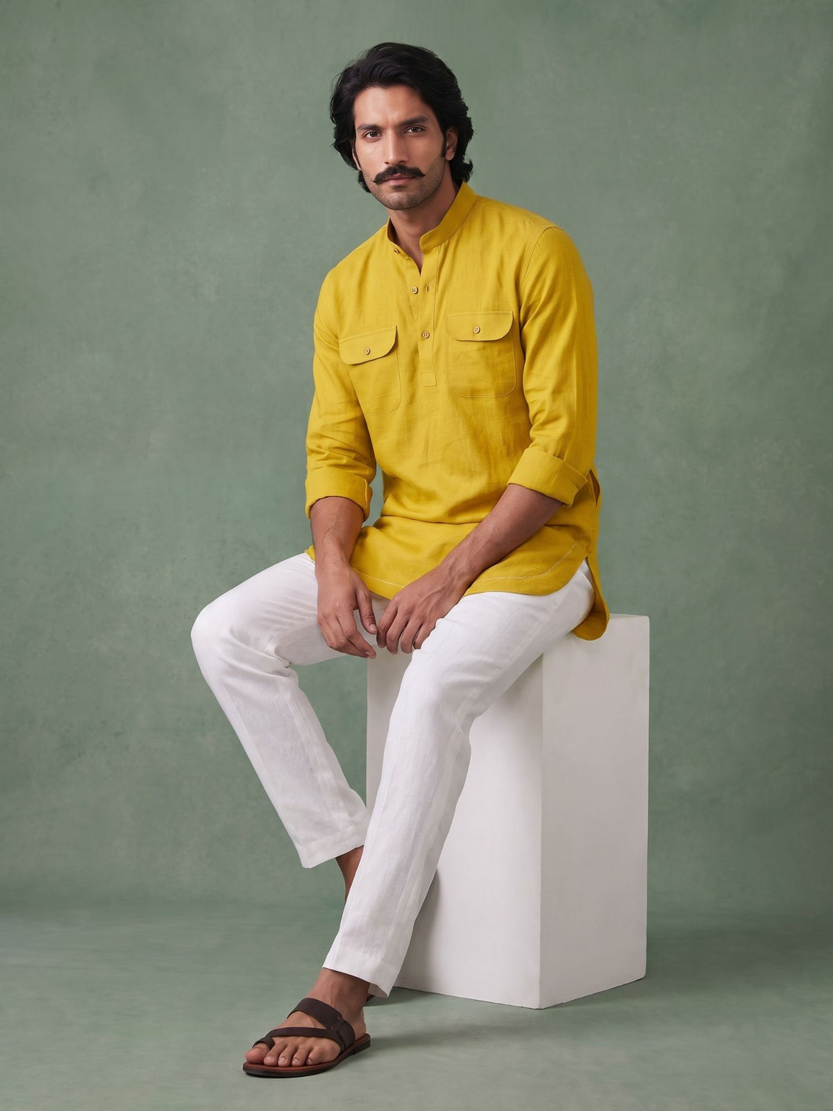 Saffron Yellow 100% Pure Linen Mid-Length Kurta