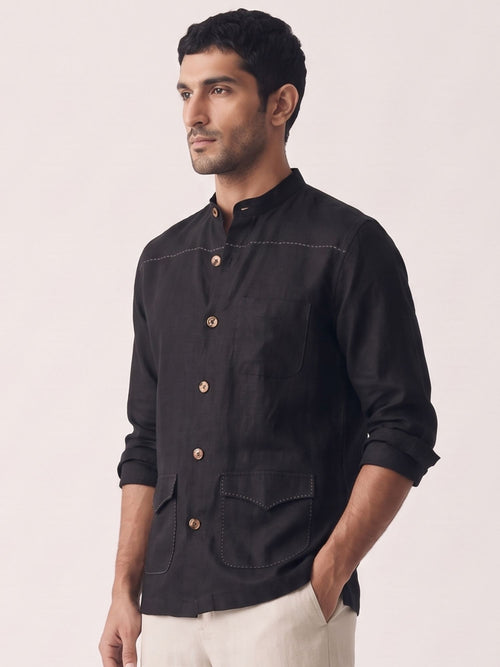 Black 100% Pure Linen Artisan Overshirt