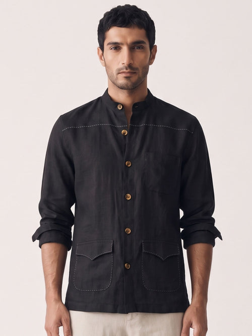Black 100% Pure Linen Artisan Overshirt