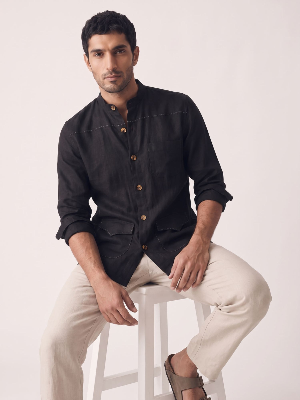 Black 100% Pure Linen Artisan Overshirt