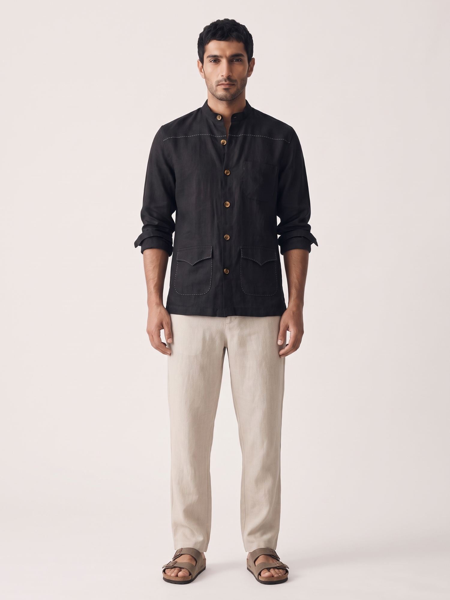 Black 100% Pure Linen Artisan Overshirt