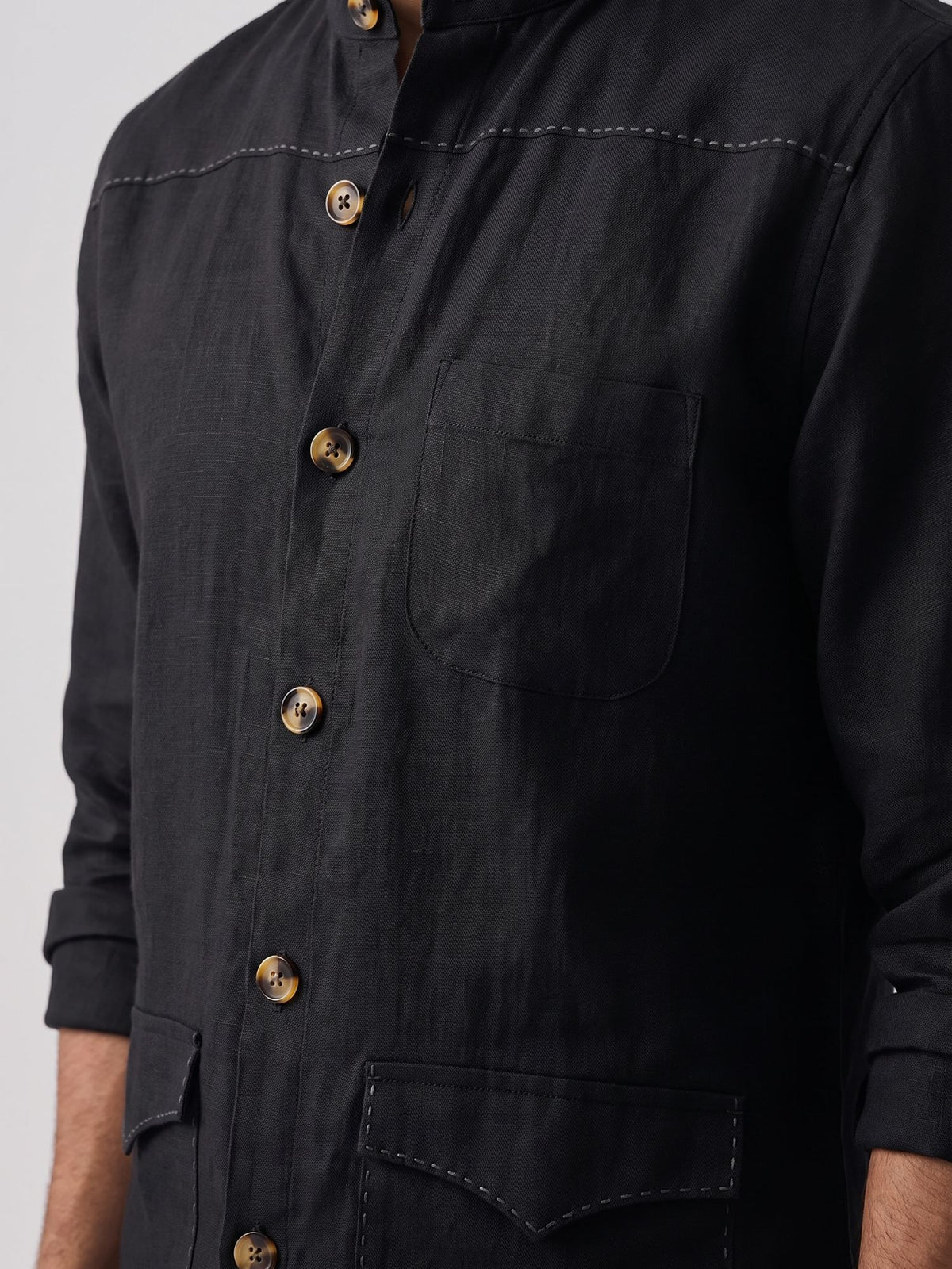 Black 100% Pure Linen Artisan Overshirt