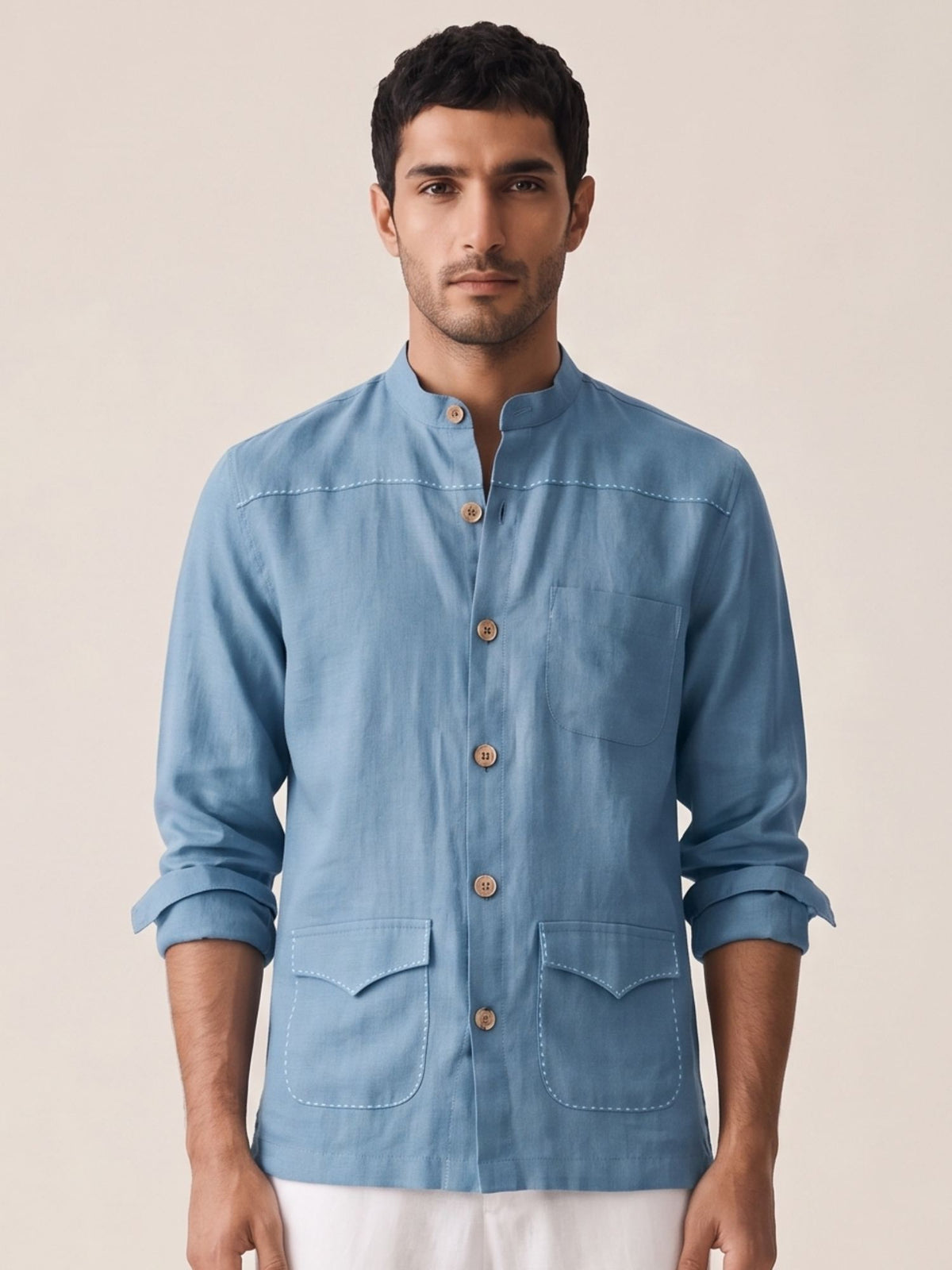 Blue 100% Pure Linen Artisan Overshirt