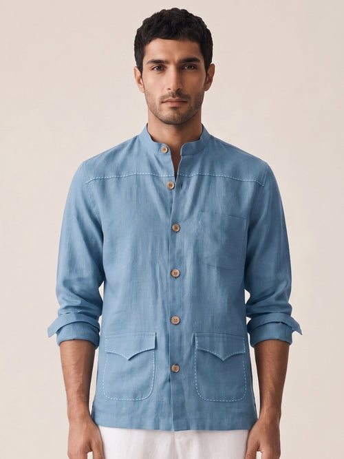 Blue 100% Pure Linen Artisan Overshirt