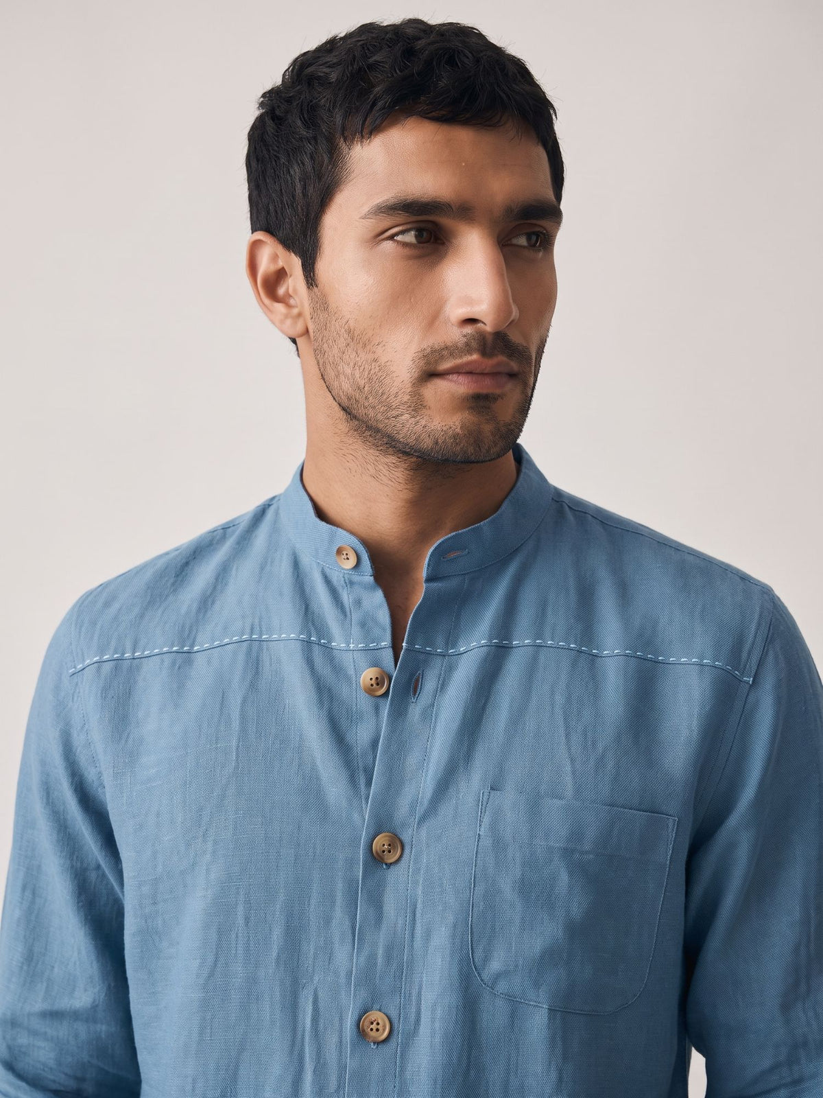 Blue 100% Pure Linen Artisan Overshirt