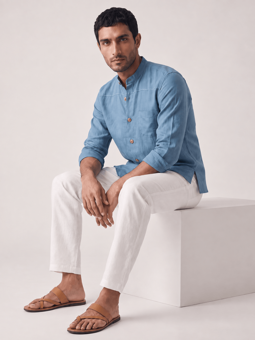 Blue 100% Pure Linen Artisan Overshirt