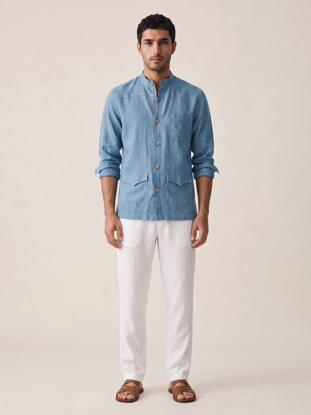 Blue 100% Pure Linen Artisan Overshirt