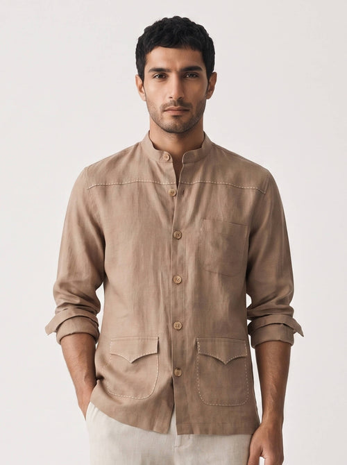 Artisan Stitch | Earth Brown 100% Pure Linen Overshirt