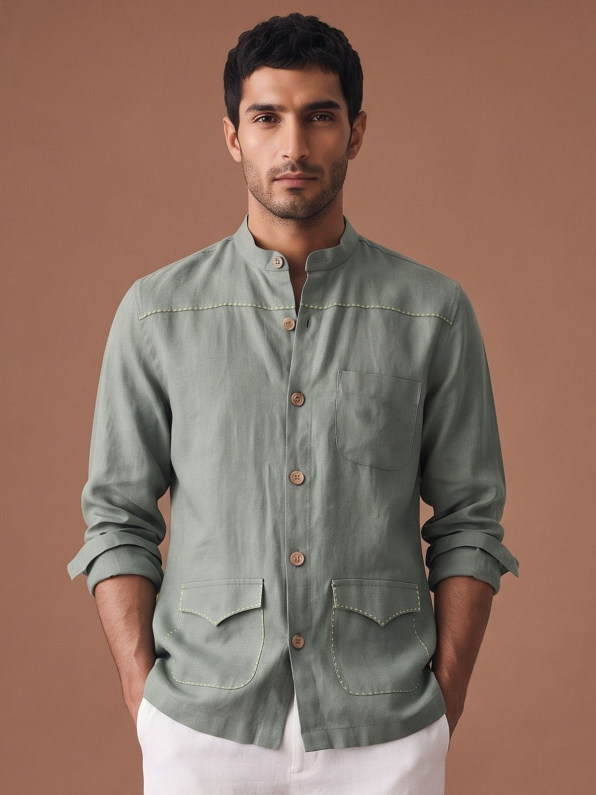 Green 100% Pure Linen Artisan Overshirt
