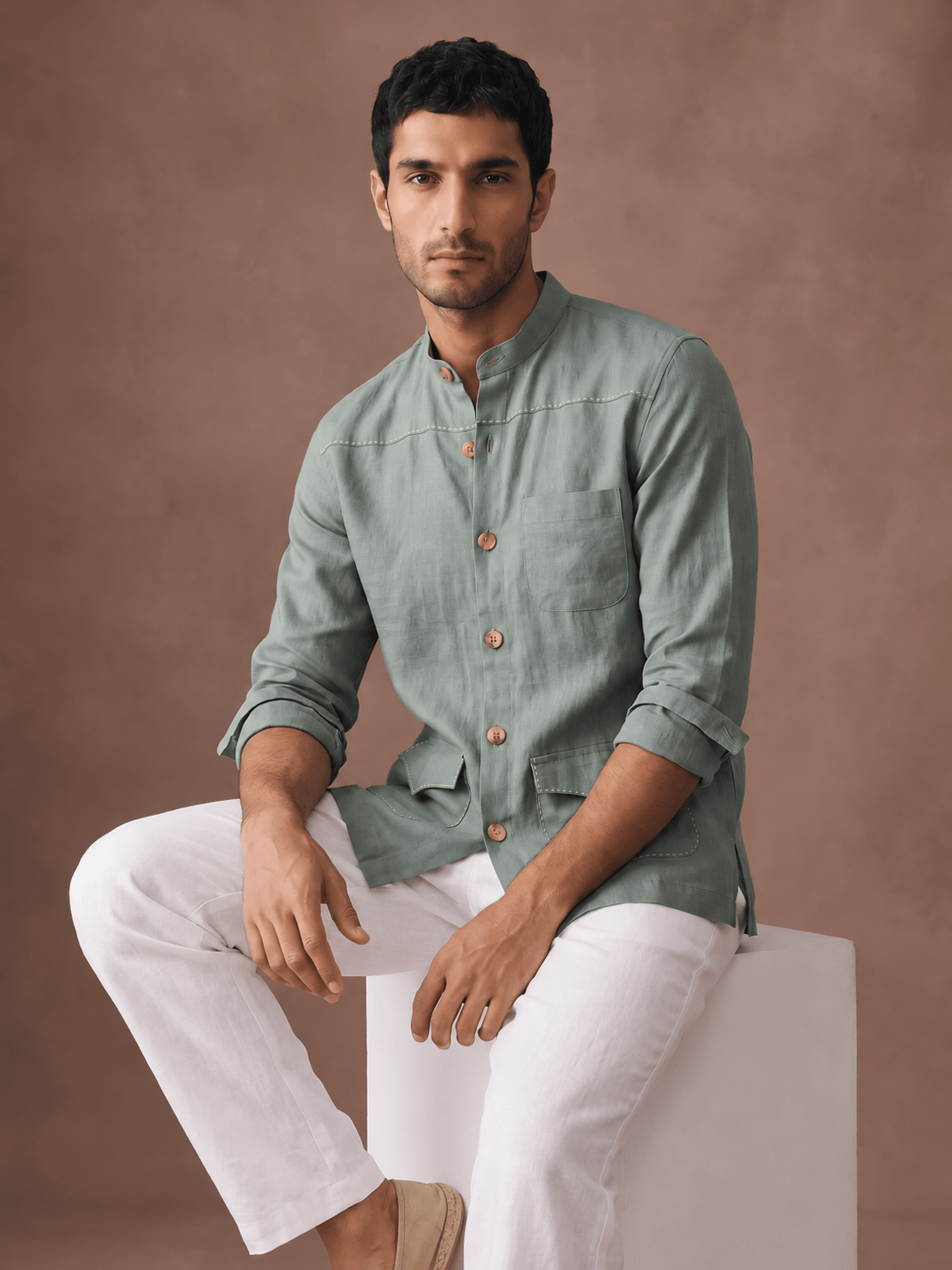 Green 100% Pure Linen Artisan Overshirt