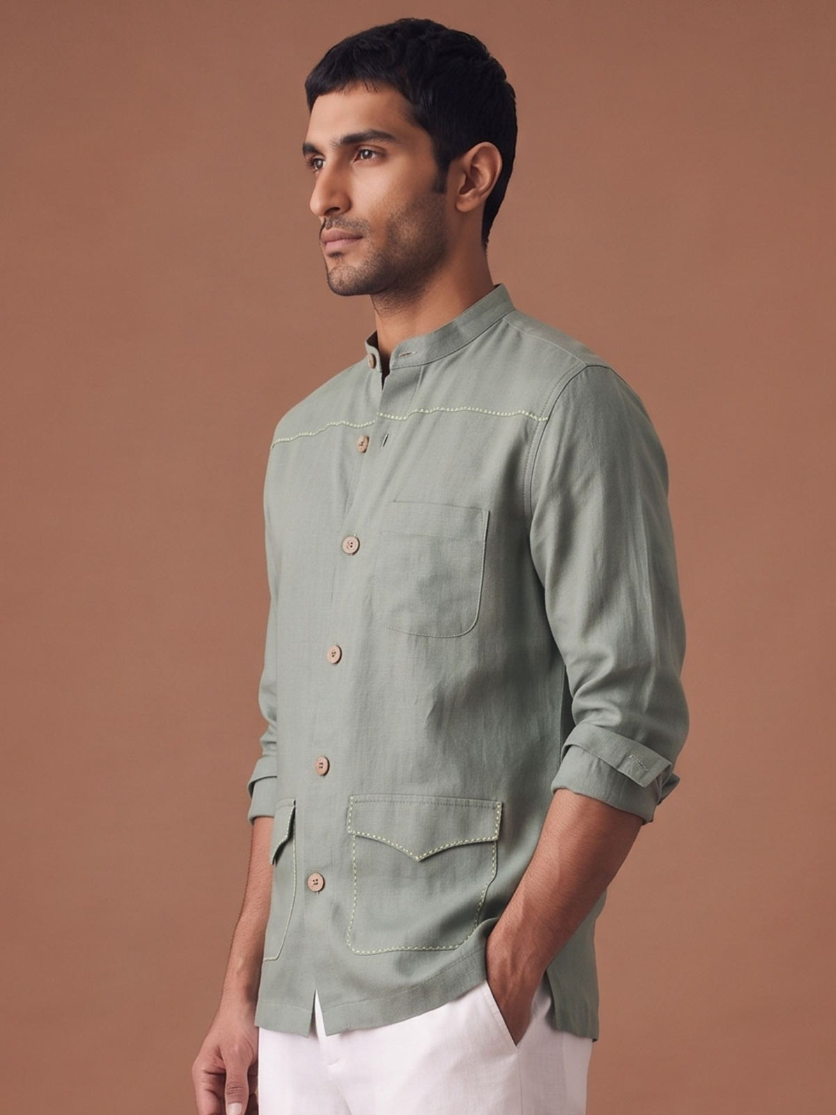 Green 100% Pure Linen Artisan Overshirt