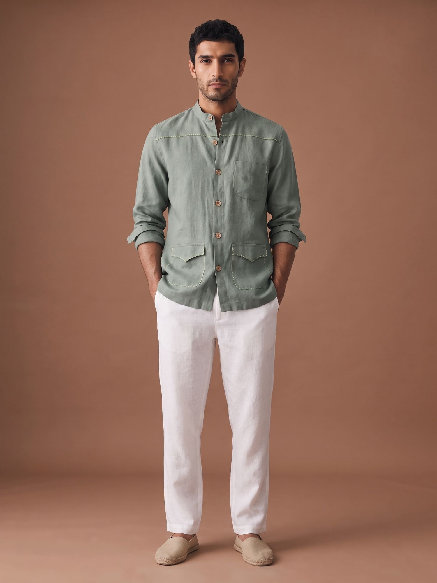 Green 100% Pure Linen Artisan Overshirt