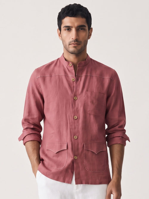 Red 100% Pure Linen Artisan Overshirt