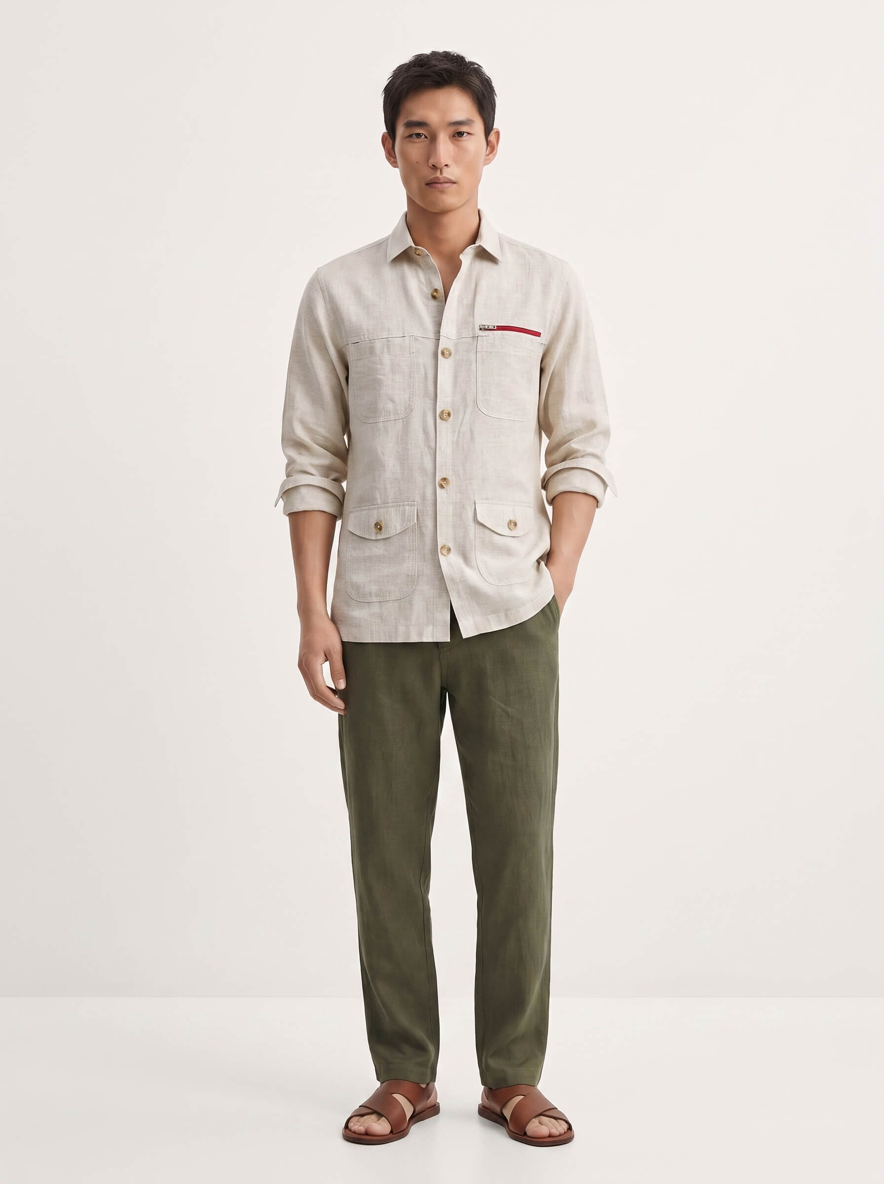 Beige 100% Pure Linen Detailed Overshirt