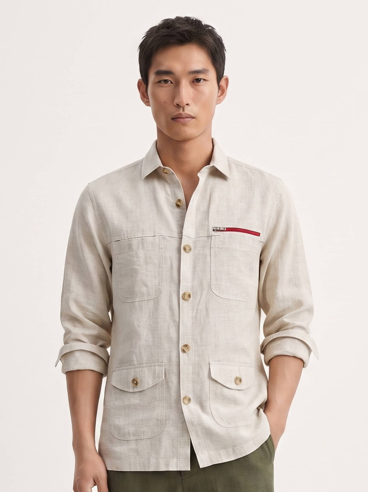 Beige 100% Pure Linen Detailed Overshirt