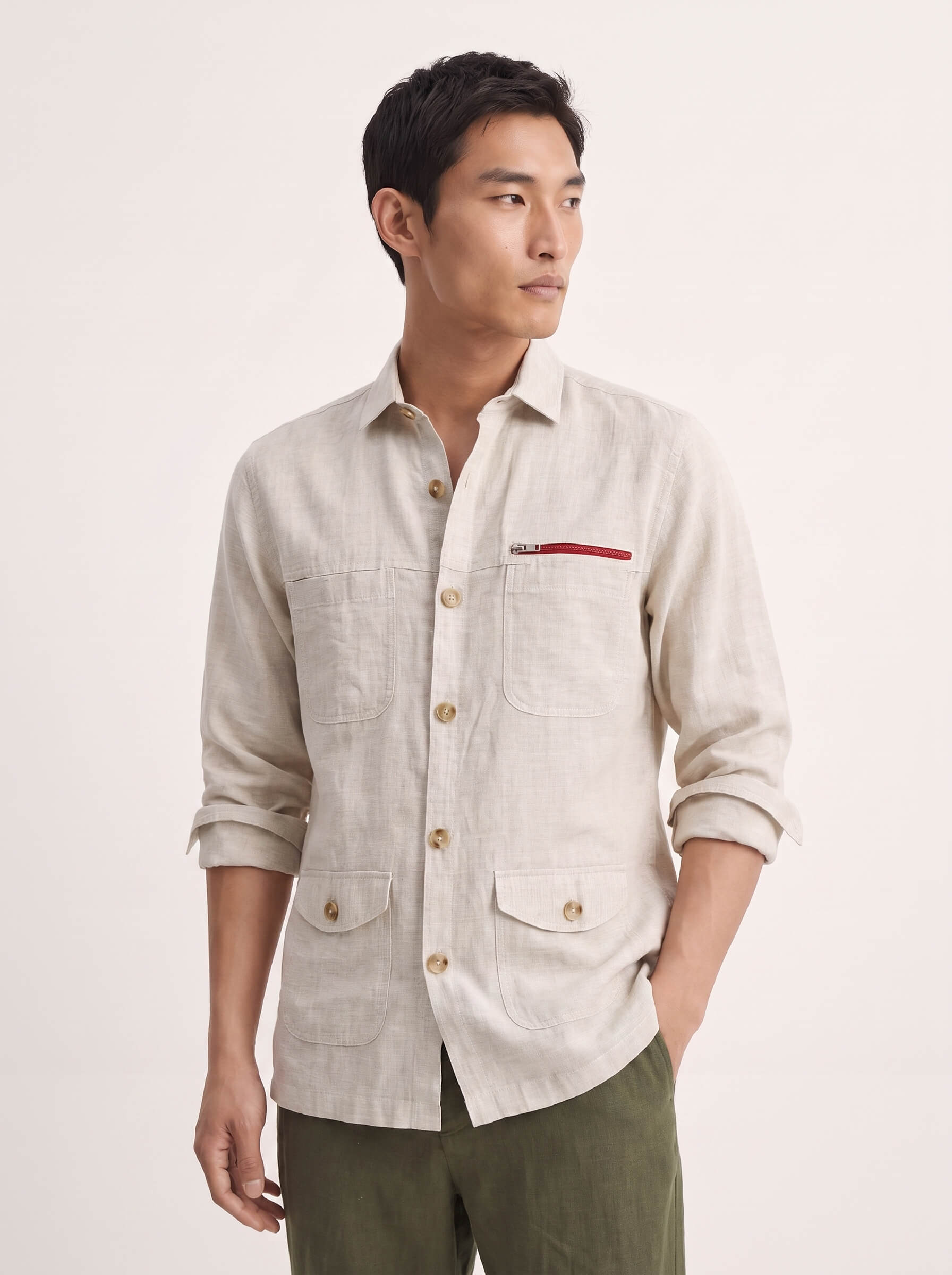 Beige 100% Pure Linen Detailed Overshirt