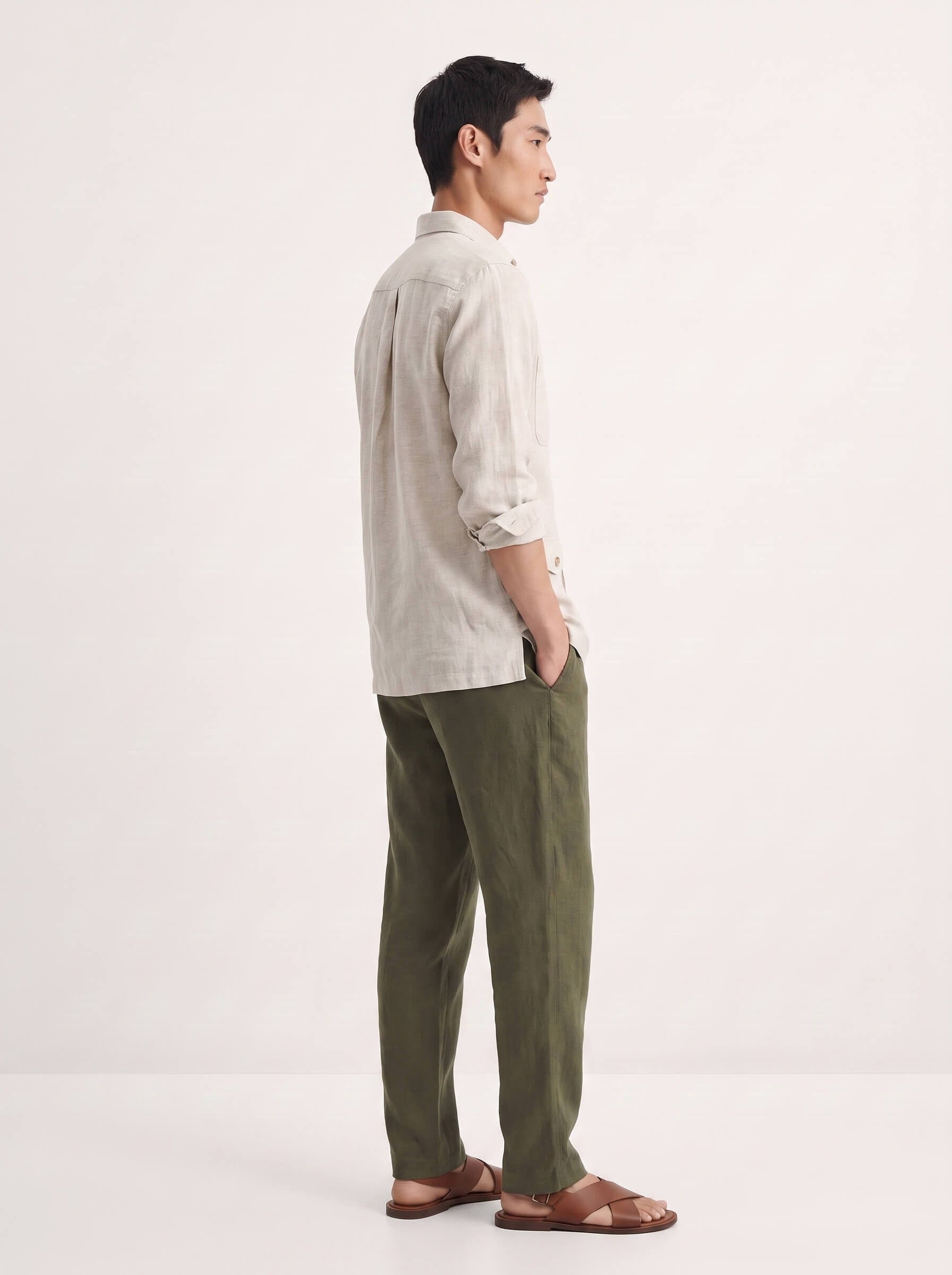 Beige 100% Pure Linen Detailed Overshirt