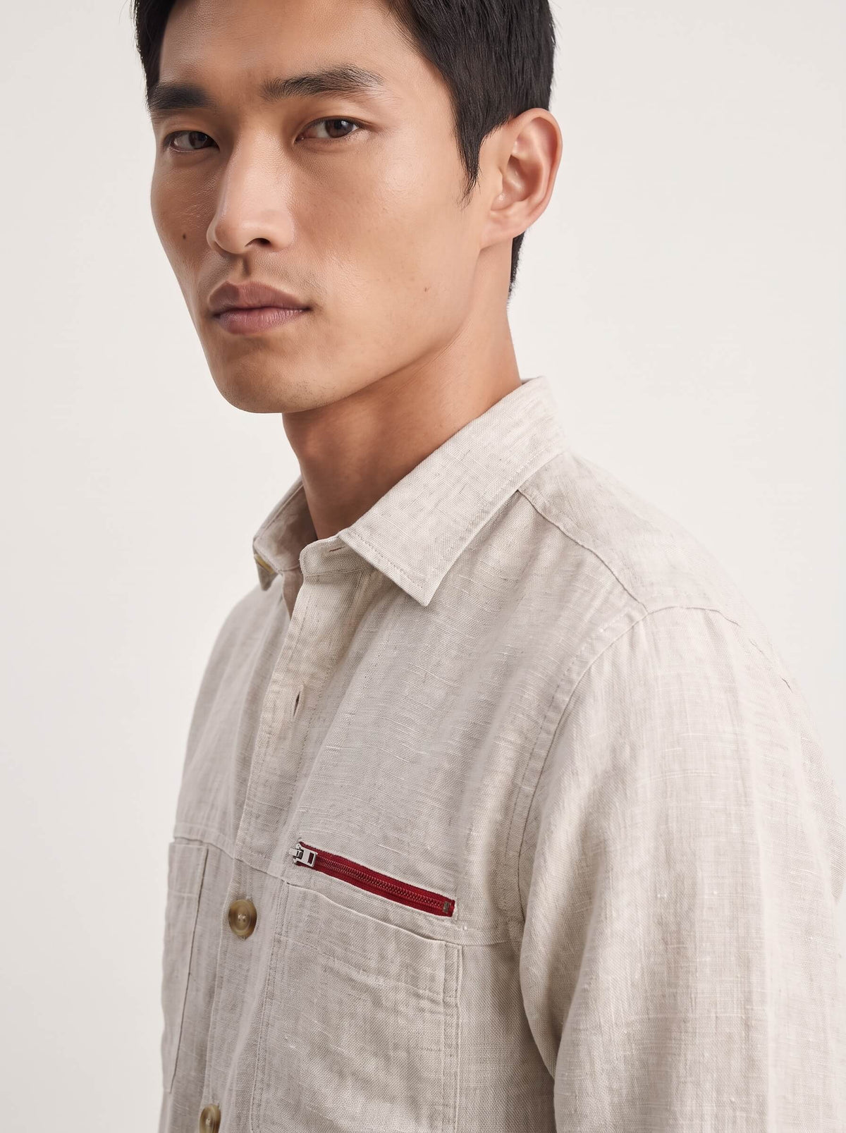 Beige 100% Pure Linen Detailed Overshirt