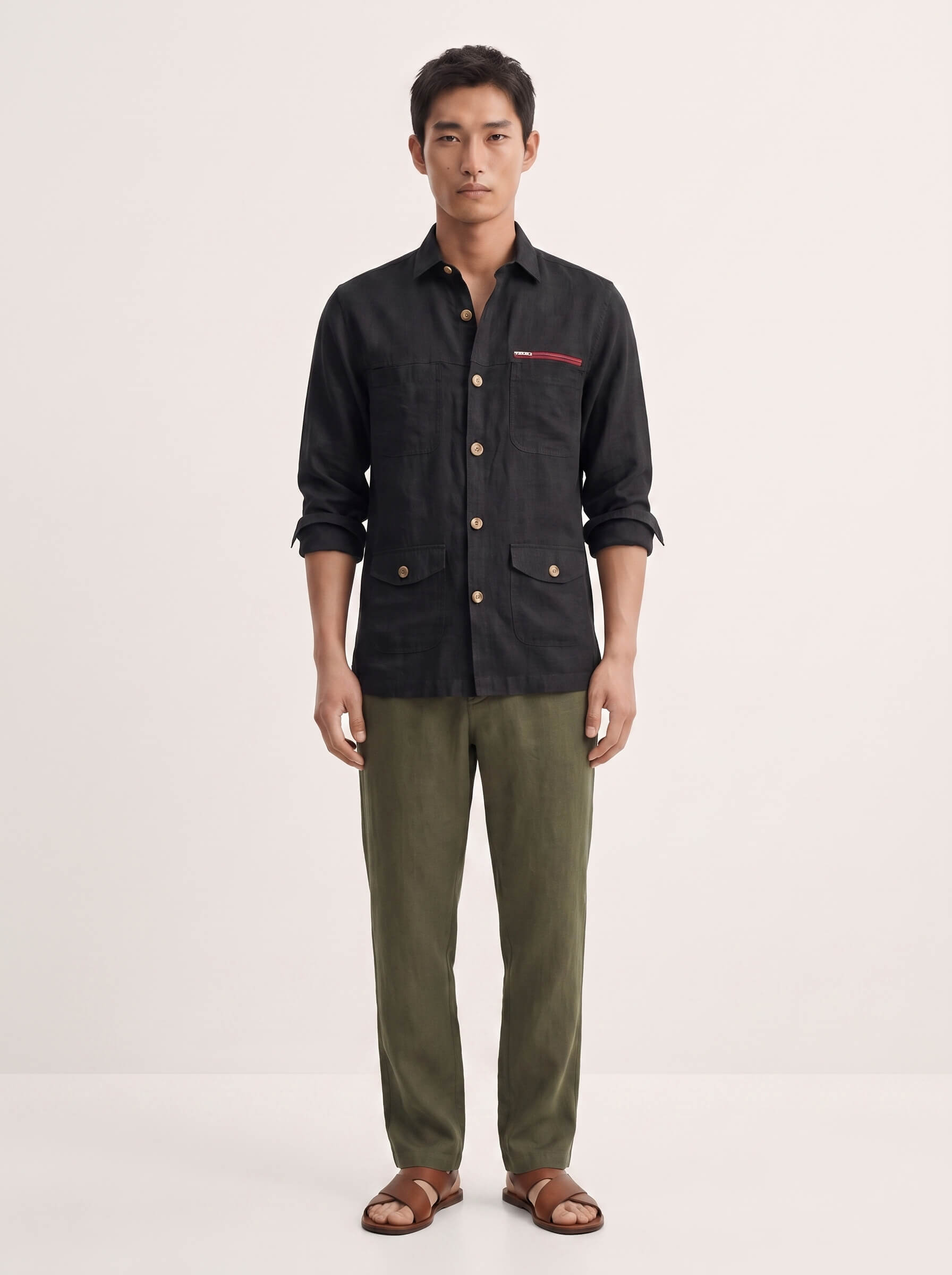 Black 100% Pure Linen Detailed Overshirt