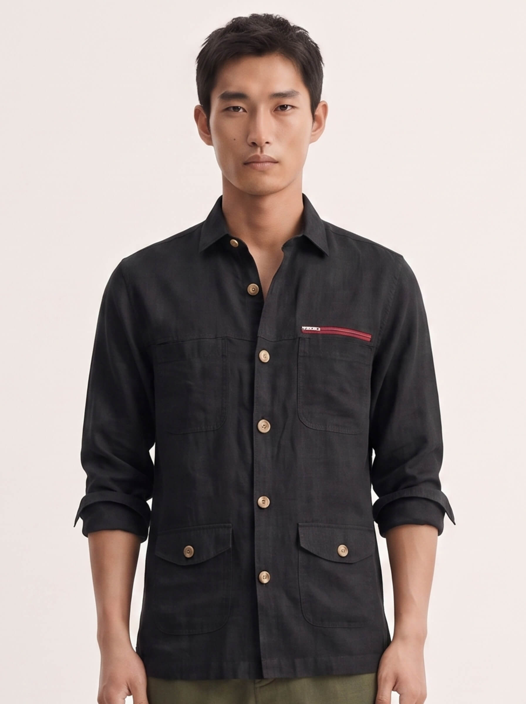 Black 100% Pure Linen Detailed Overshirt