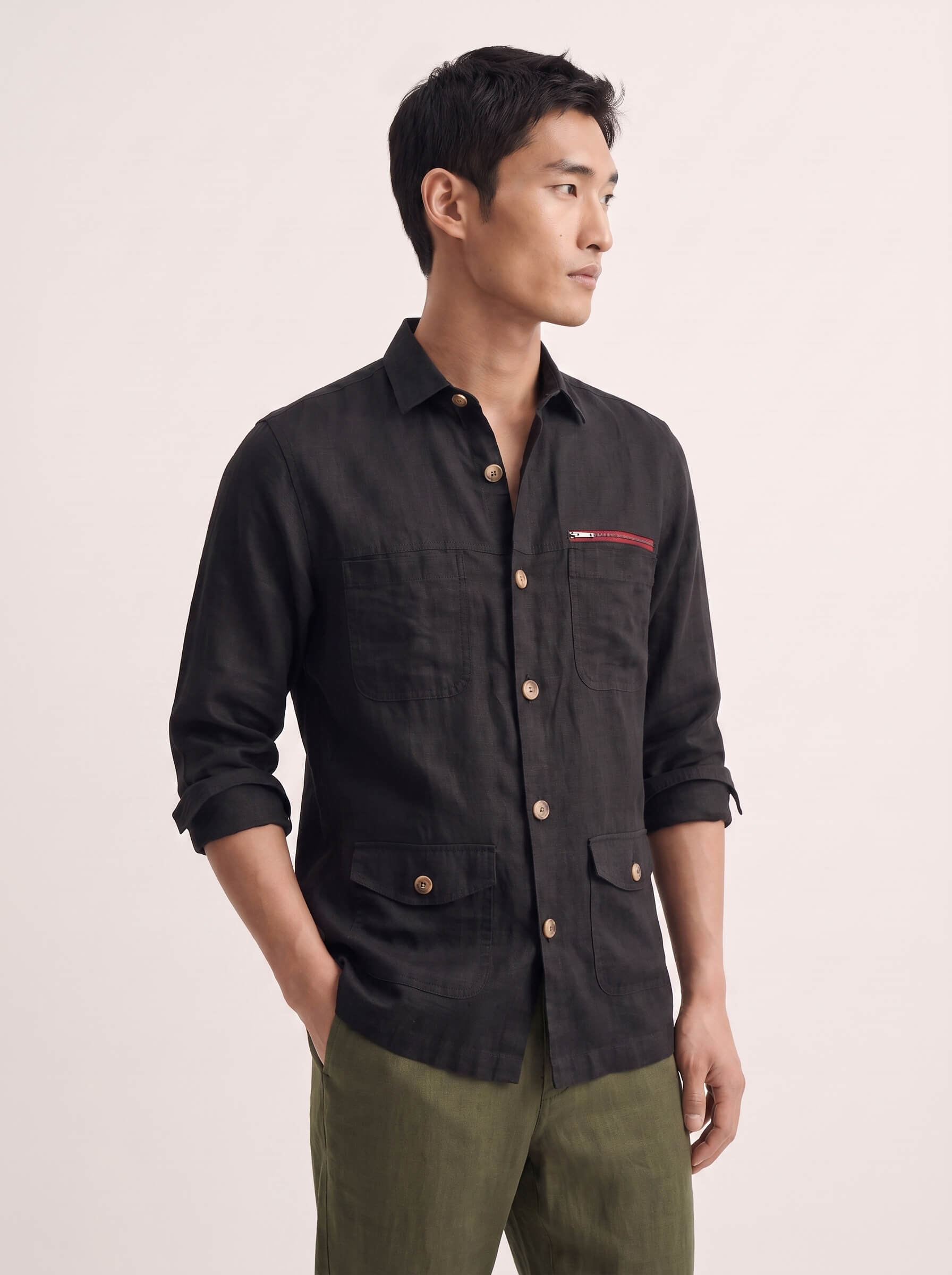 Black 100% Pure Linen Detailed Overshirt