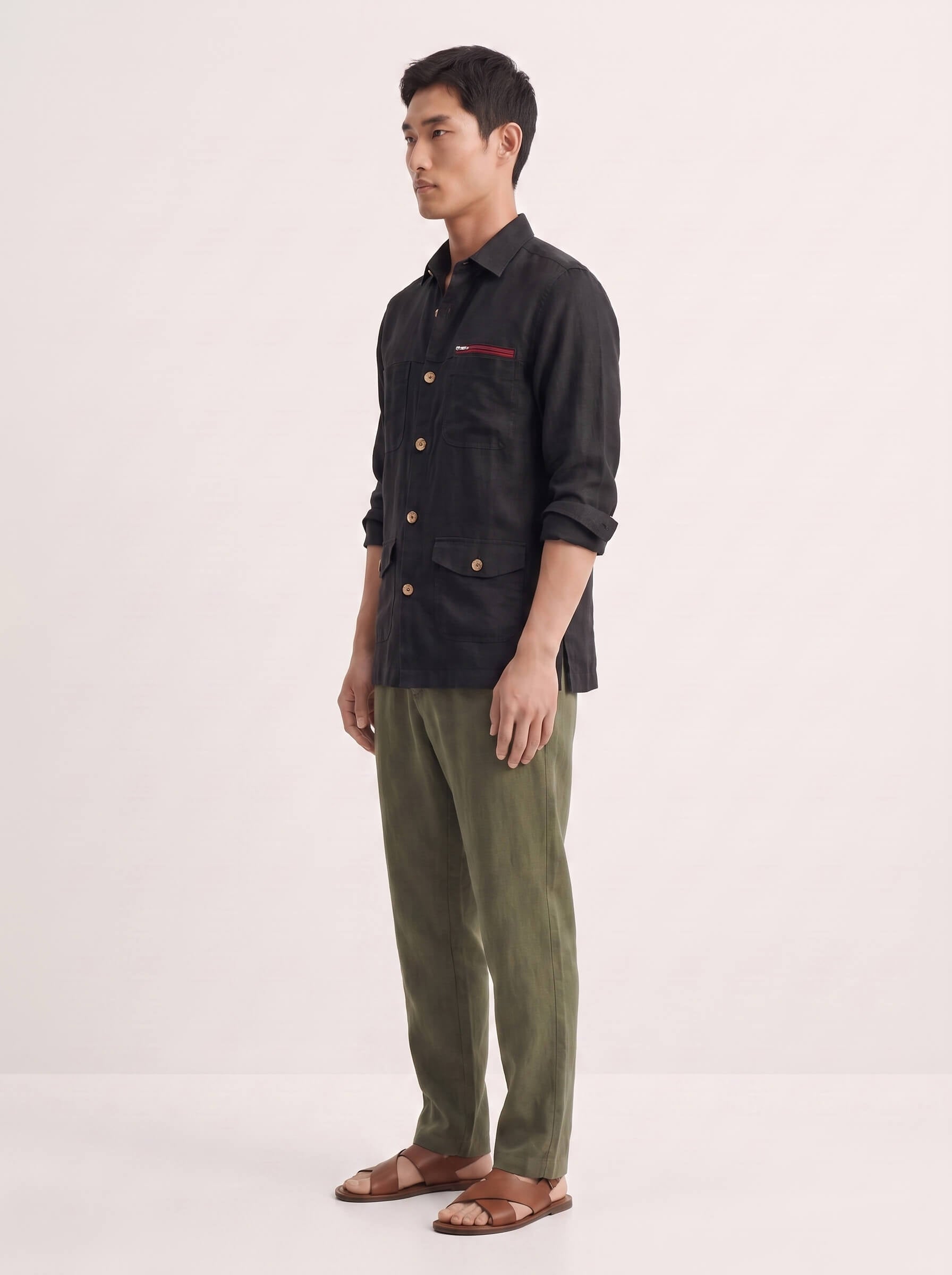 Black 100% Pure Linen Detailed Overshirt