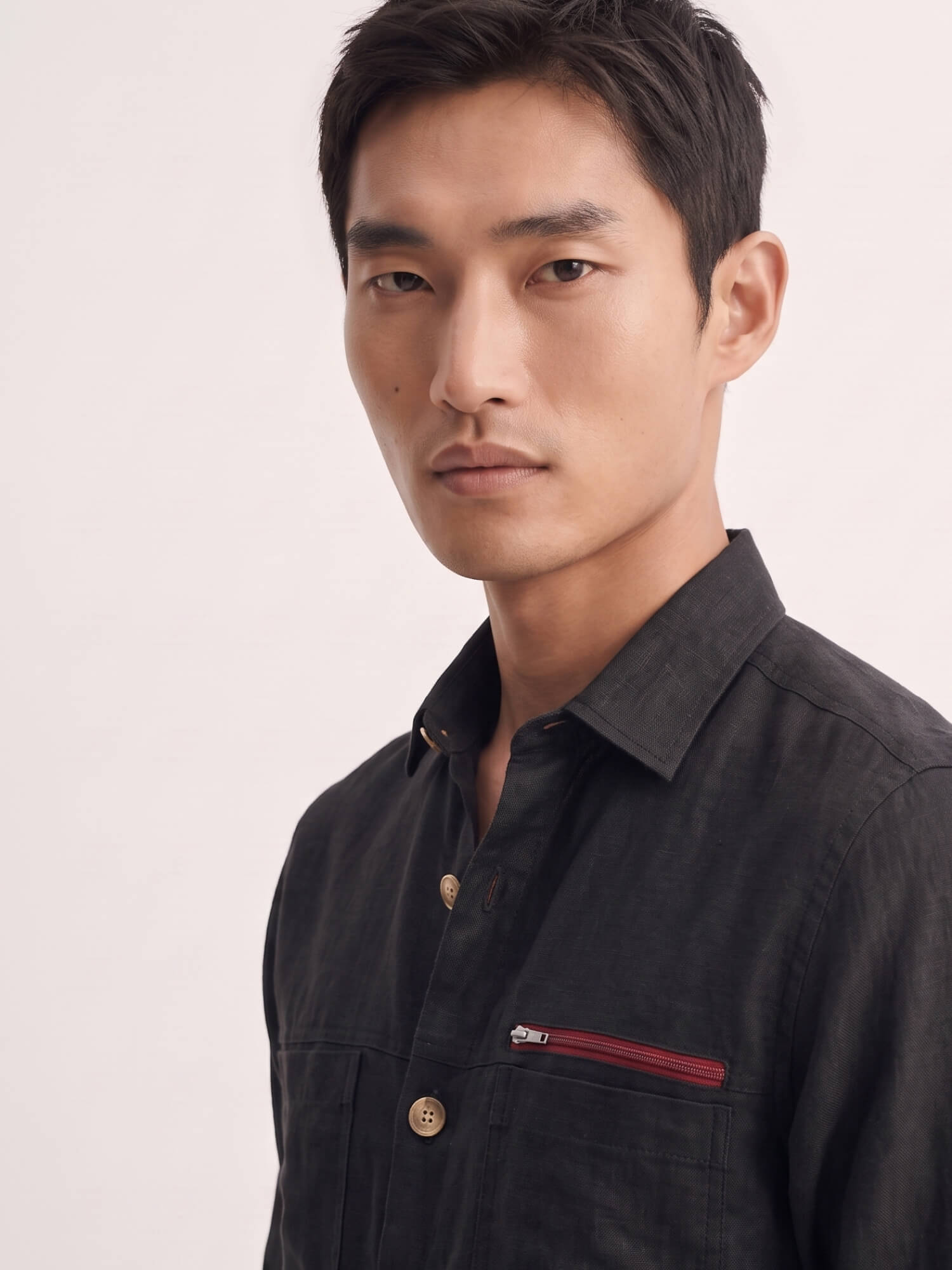 Black 100% Pure Linen Detailed Overshirt